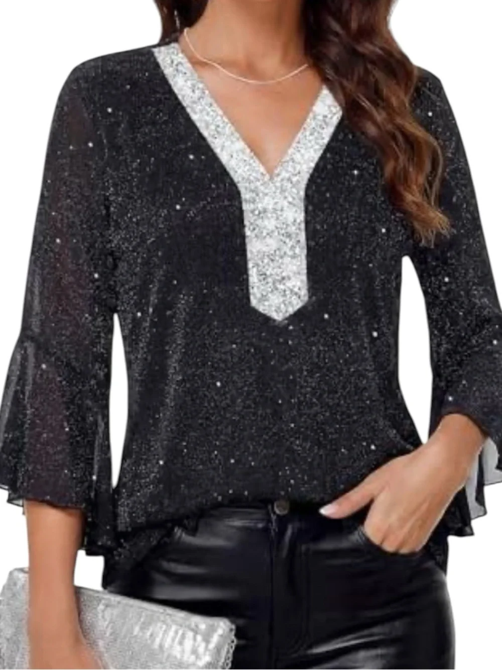 TIMESON: NWT Black Ruffle 3/4 sleeve sparkle Top with Sequin Details Size Medium